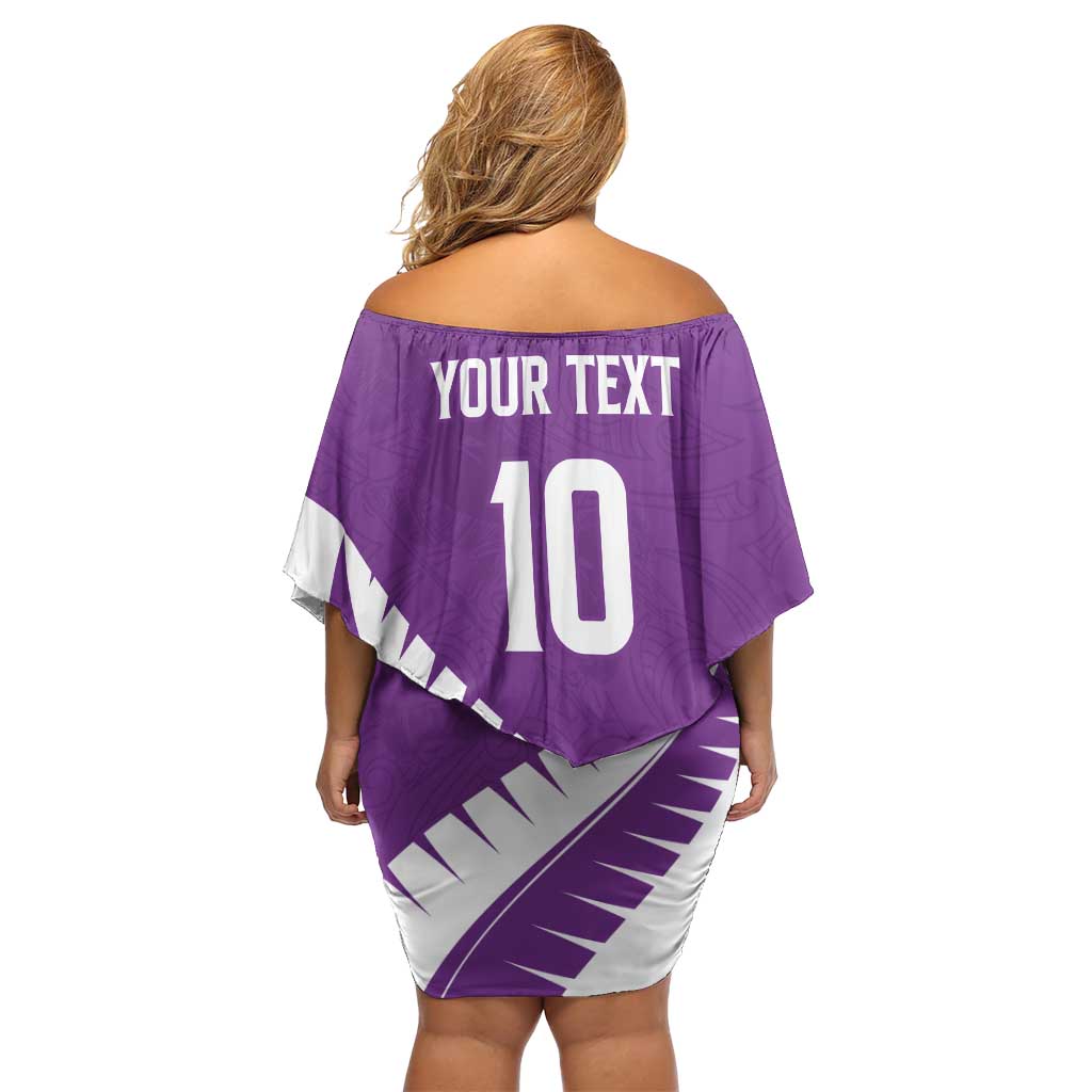 Custom New Zealand Cricket Off Shoulder Short Dress Kiwi Birds Haka Dance Purple Fern Sporty Style