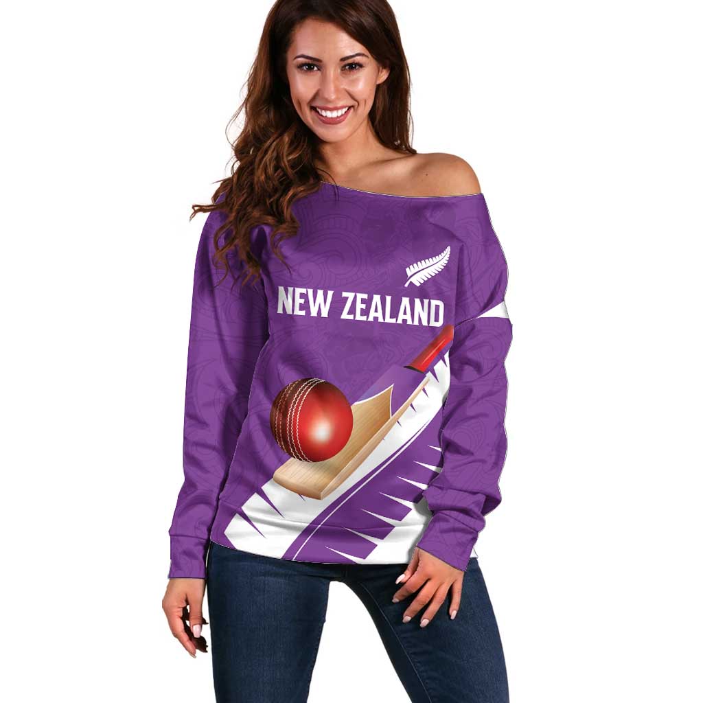 Custom New Zealand Cricket Off Shoulder Sweater Kiwi Birds Haka Dance Purple Fern Sporty Style