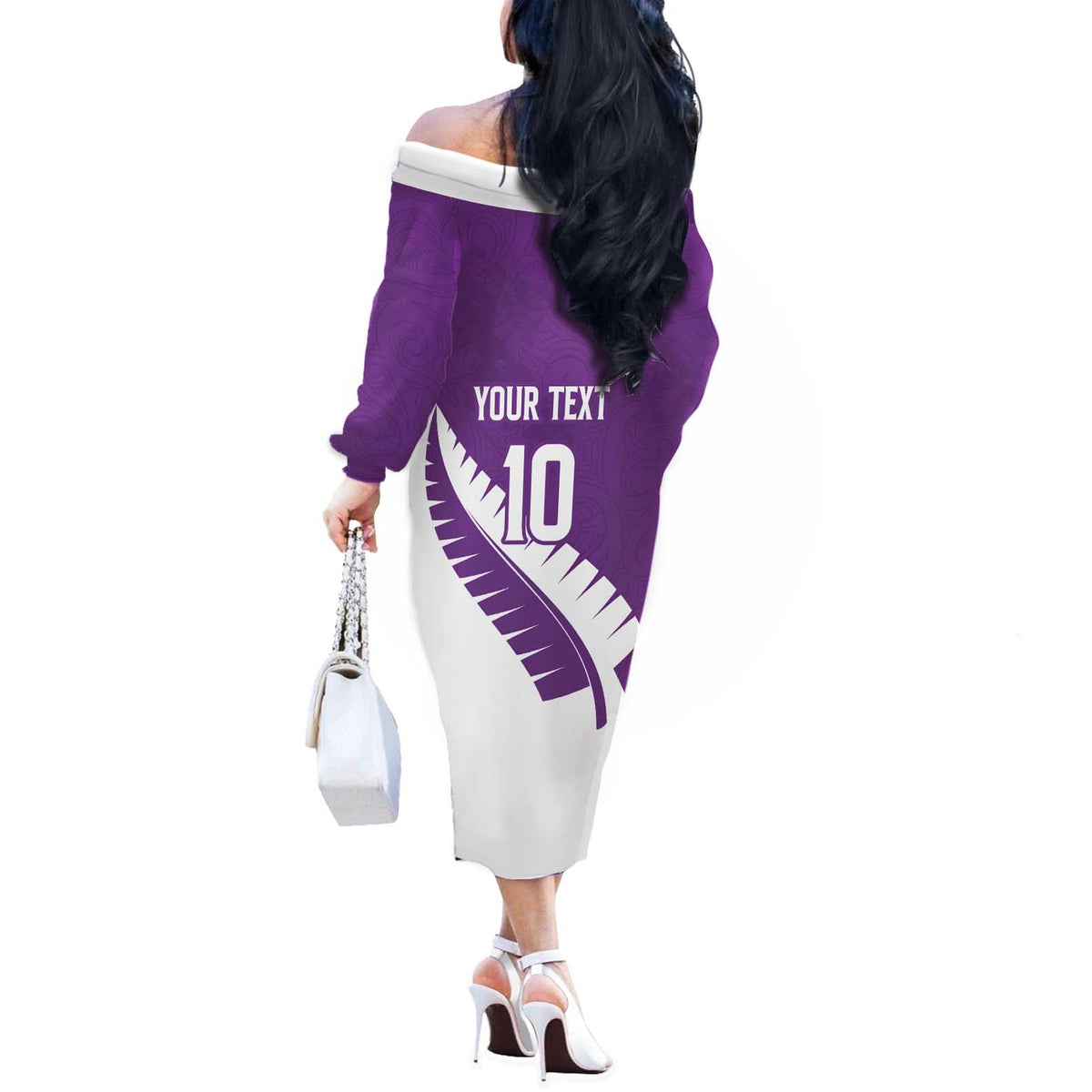 Custom New Zealand Cricket Off The Shoulder Long Sleeve Dress Kiwi Birds Haka Dance Purple Fern Sporty Style