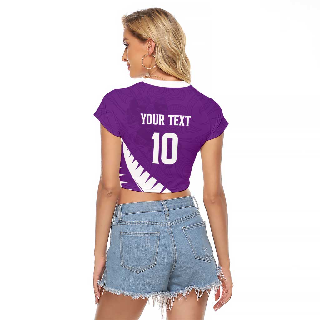 Custom New Zealand Cricket Raglan Cropped T Shirt Kiwi Birds Haka Dance Purple Fern Sporty Style
