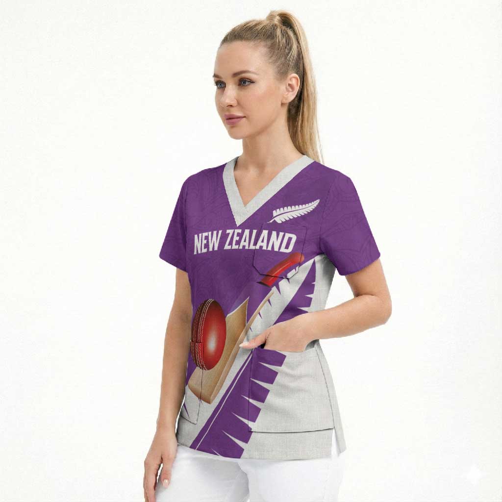 Custom New Zealand Cricket Scrub Top Kiwi Birds Haka Dance Purple Fern Sporty Style