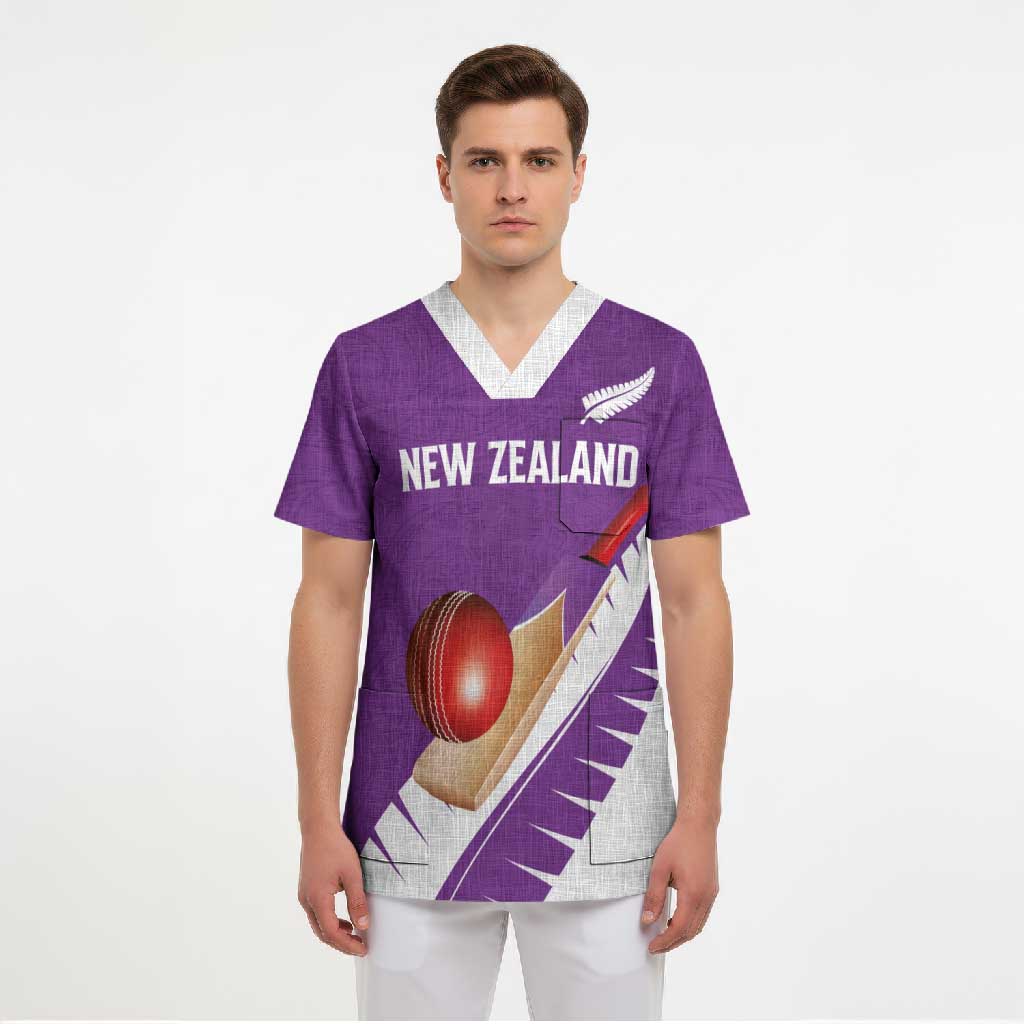 Custom New Zealand Cricket Scrub Top Kiwi Birds Haka Dance Purple Fern Sporty Style