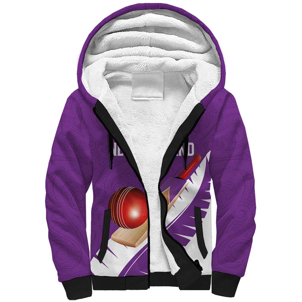 Custom New Zealand Cricket Sherpa Hoodie Kiwi Birds Haka Dance Purple Fern Sporty Style