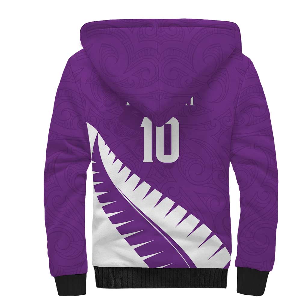 Custom New Zealand Cricket Sherpa Hoodie Kiwi Birds Haka Dance Purple Fern Sporty Style