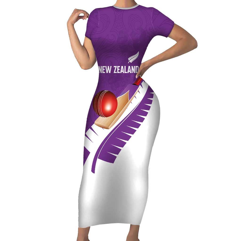 Custom New Zealand Cricket Short Sleeve Bodycon Dress Kiwi Birds Haka Dance Purple Fern Sporty Style
