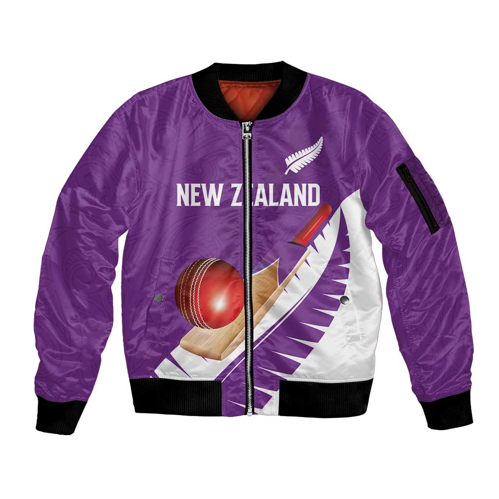 Custom New Zealand Cricket Sleeve Zip Bomber Jacket Kiwi Birds Haka Dance Purple Fern Sporty Style