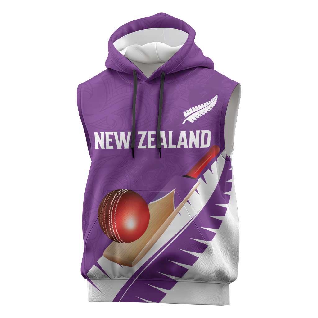 Custom New Zealand Cricket Sleeveless Hoodie Kiwi Birds Haka Dance Purple Fern Sporty Style