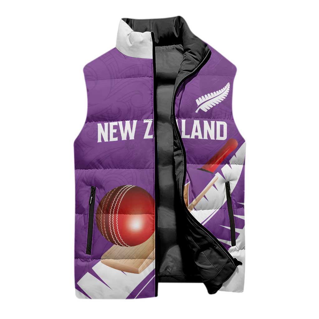 Custom New Zealand Cricket Sleeveless Puffer Jacket Kiwi Birds Haka Dance Purple Fern Sporty Style