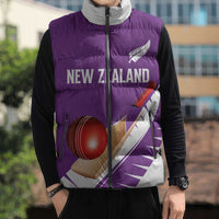 Custom New Zealand Cricket Sleeveless Puffer Jacket Kiwi Birds Haka Dance Purple Fern Sporty Style