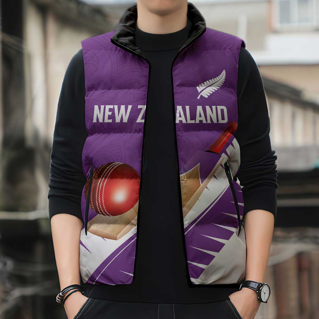Custom New Zealand Cricket Sleeveless Puffer Jacket Kiwi Birds Haka Dance Purple Fern Sporty Style