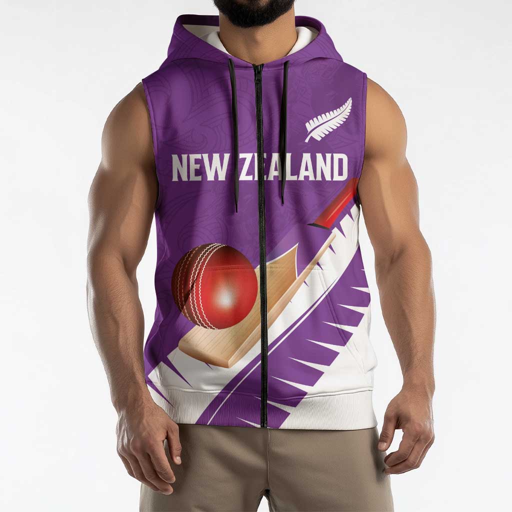 Custom New Zealand Cricket Sleeveless Zip Hoodie Kiwi Birds Haka Dance Purple Fern Sporty Style