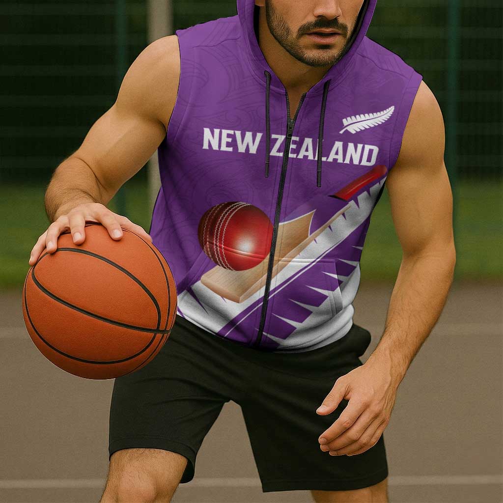 Custom New Zealand Cricket Sleeveless Zip Hoodie Kiwi Birds Haka Dance Purple Fern Sporty Style