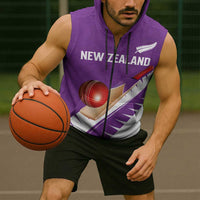 Custom New Zealand Cricket Sleeveless Zip Hoodie Kiwi Birds Haka Dance Purple Fern Sporty Style