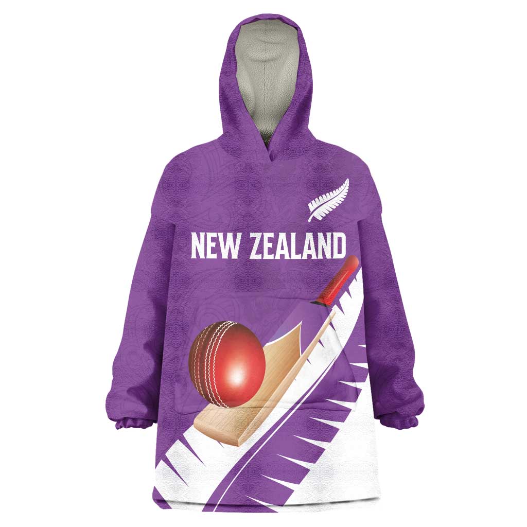 Custom New Zealand Cricket Wearable Blanket Hoodie Kiwi Birds Haka Dance Purple Fern Sporty Style