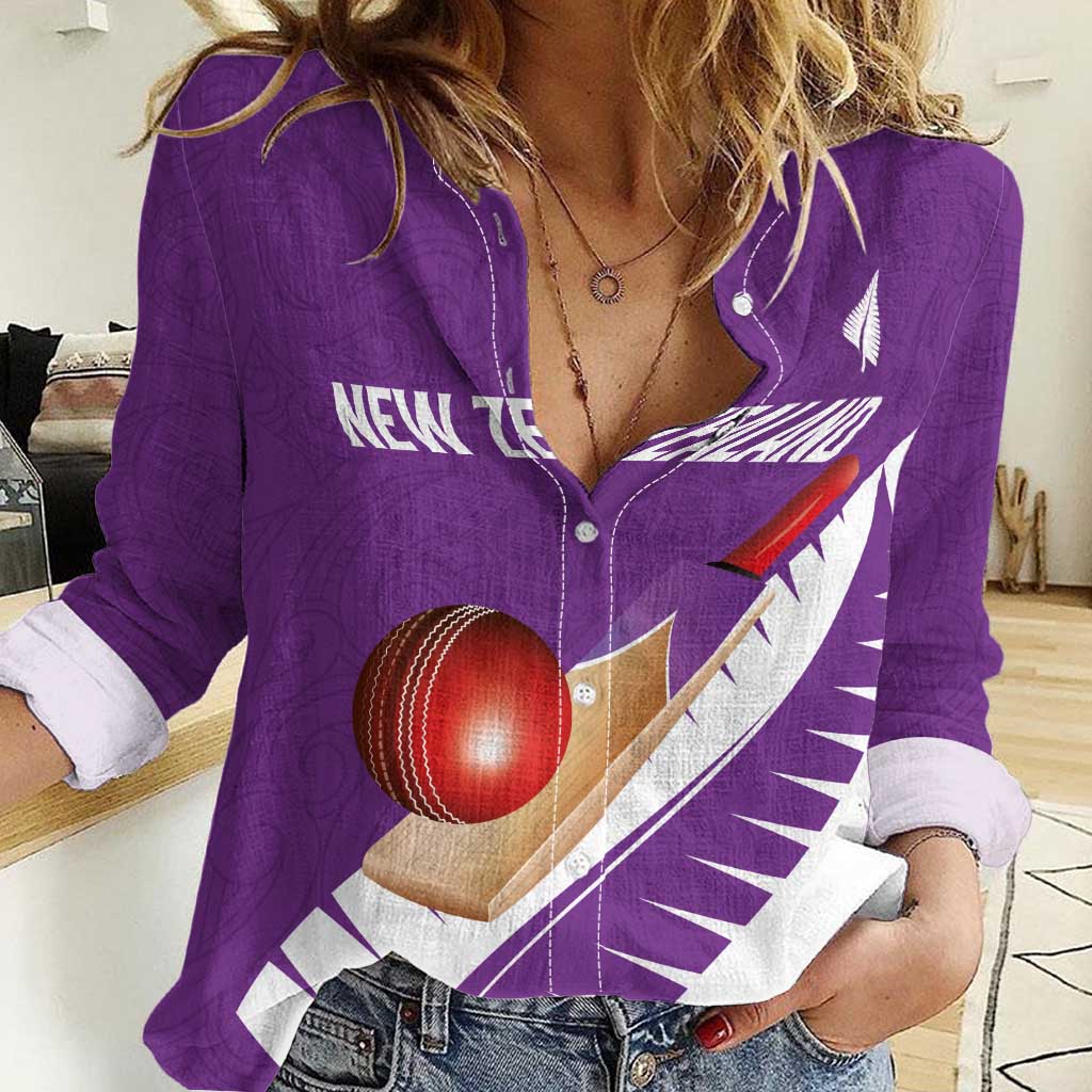 Custom New Zealand Cricket Women Casual Shirt Kiwi Birds Haka Dance Purple Fern Sporty Style