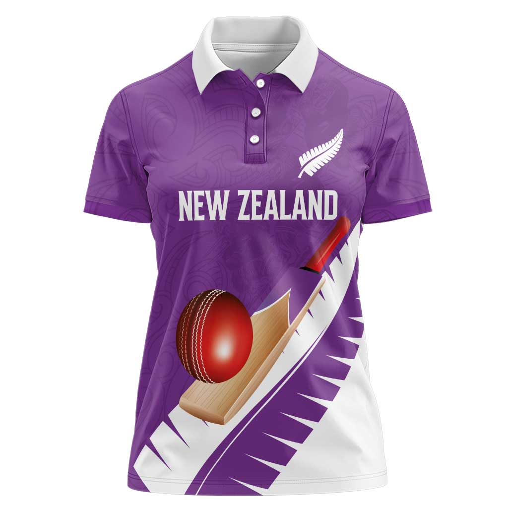 Custom New Zealand Cricket Women Polo Shirt Kiwi Birds Haka Dance Purple Fern Sporty Style