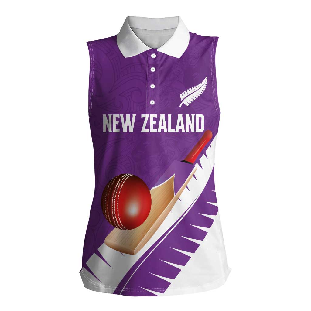 Custom New Zealand Cricket Women Sleeveless Polo Shirt Kiwi Birds Haka Dance Purple Fern Sporty Style