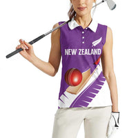 Custom New Zealand Cricket Women Sleeveless Polo Shirt Kiwi Birds Haka Dance Purple Fern Sporty Style