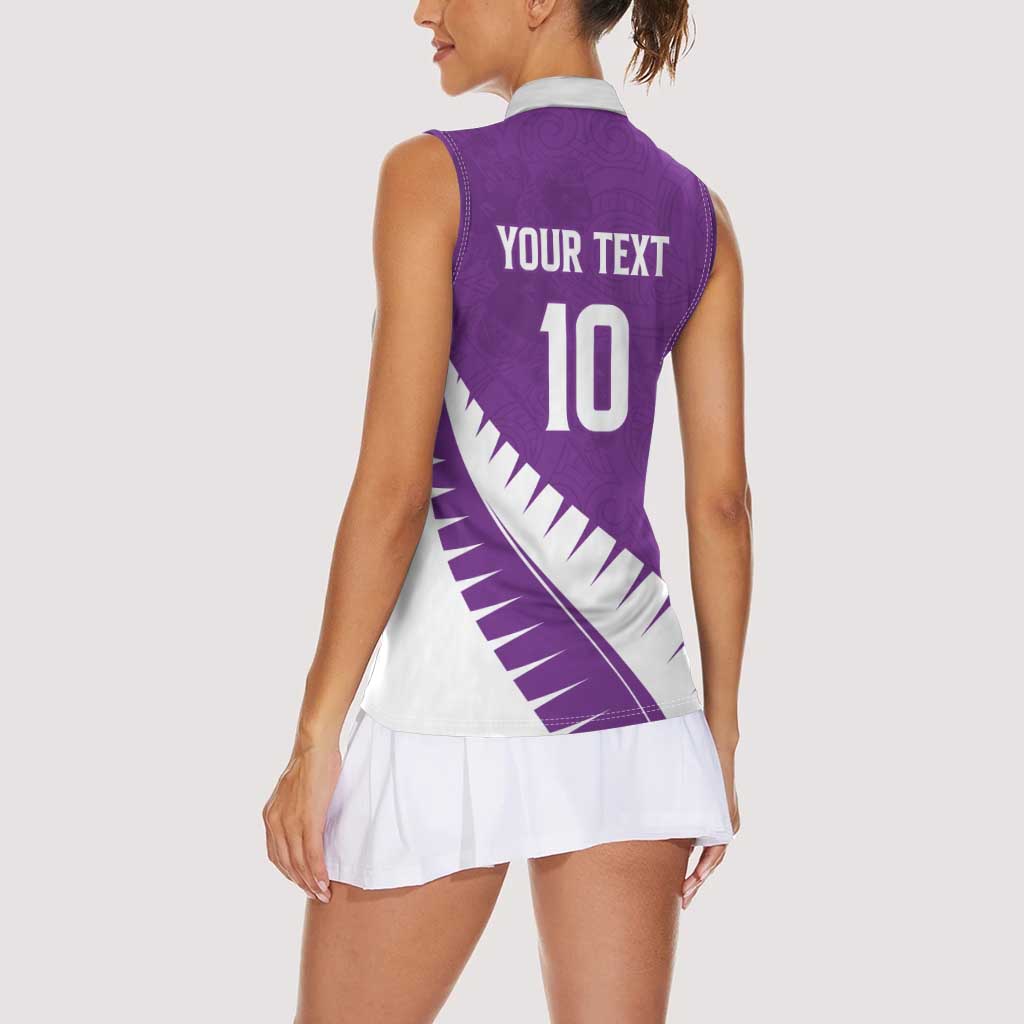 Custom New Zealand Cricket Women Sleeveless Polo Shirt Kiwi Birds Haka Dance Purple Fern Sporty Style