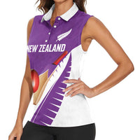 Custom New Zealand Cricket Women Sleeveless Polo Shirt Kiwi Birds Haka Dance Purple Fern Sporty Style