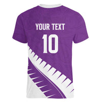 Custom New Zealand Cricket Women V-Neck T-Shirt Kiwi Birds Haka Dance Purple Fern Sporty Style