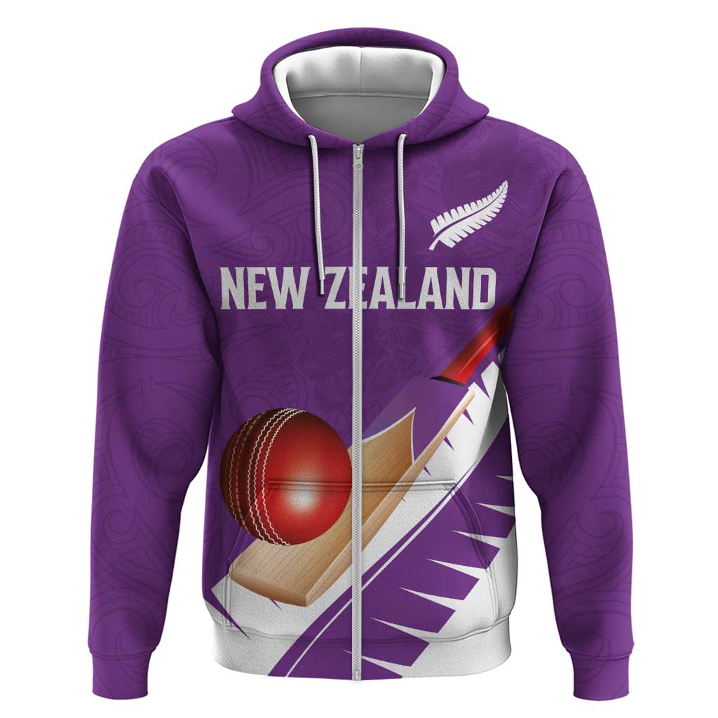 Custom New Zealand Cricket Zip Hoodie Kiwi Birds Haka Dance Purple Fern Sporty Style