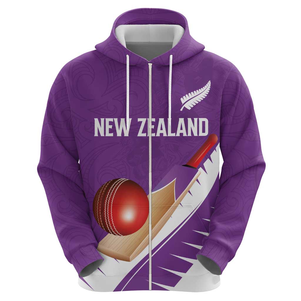 Custom New Zealand Cricket Zip Hoodie Kiwi Birds Haka Dance Purple Fern Sporty Style