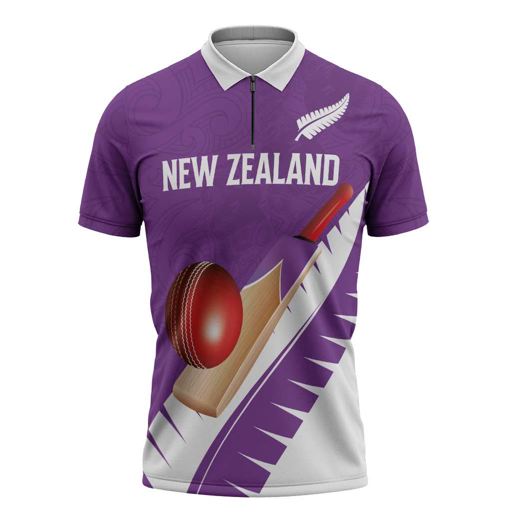 Custom New Zealand Cricket Zipper Polo Shirt Kiwi Birds Haka Dance Purple Fern Sporty Style