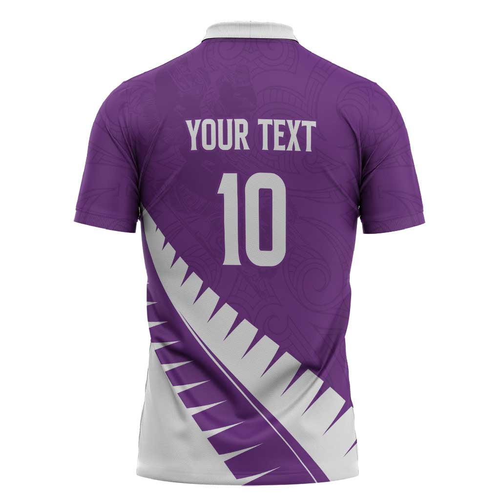 Custom New Zealand Cricket Zipper Polo Shirt Kiwi Birds Haka Dance Purple Fern Sporty Style