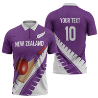 Custom New Zealand Cricket Zipper Polo Shirt Kiwi Birds Haka Dance Purple Fern Sporty Style
