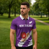 Custom New Zealand Cricket Zipper Polo Shirt Kiwi Birds Haka Dance Purple Fern Sporty Style