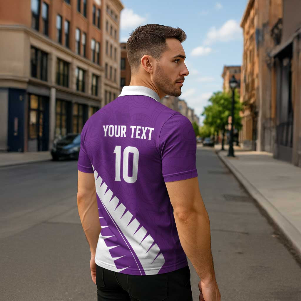 Custom New Zealand Cricket Zipper Polo Shirt Kiwi Birds Haka Dance Purple Fern Sporty Style