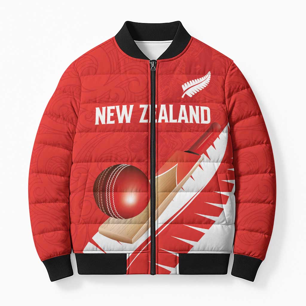 Custom New Zealand Cricket Bomber Puffer Jacket Kiwi Birds Haka Dance Red Fern Sporty Style
