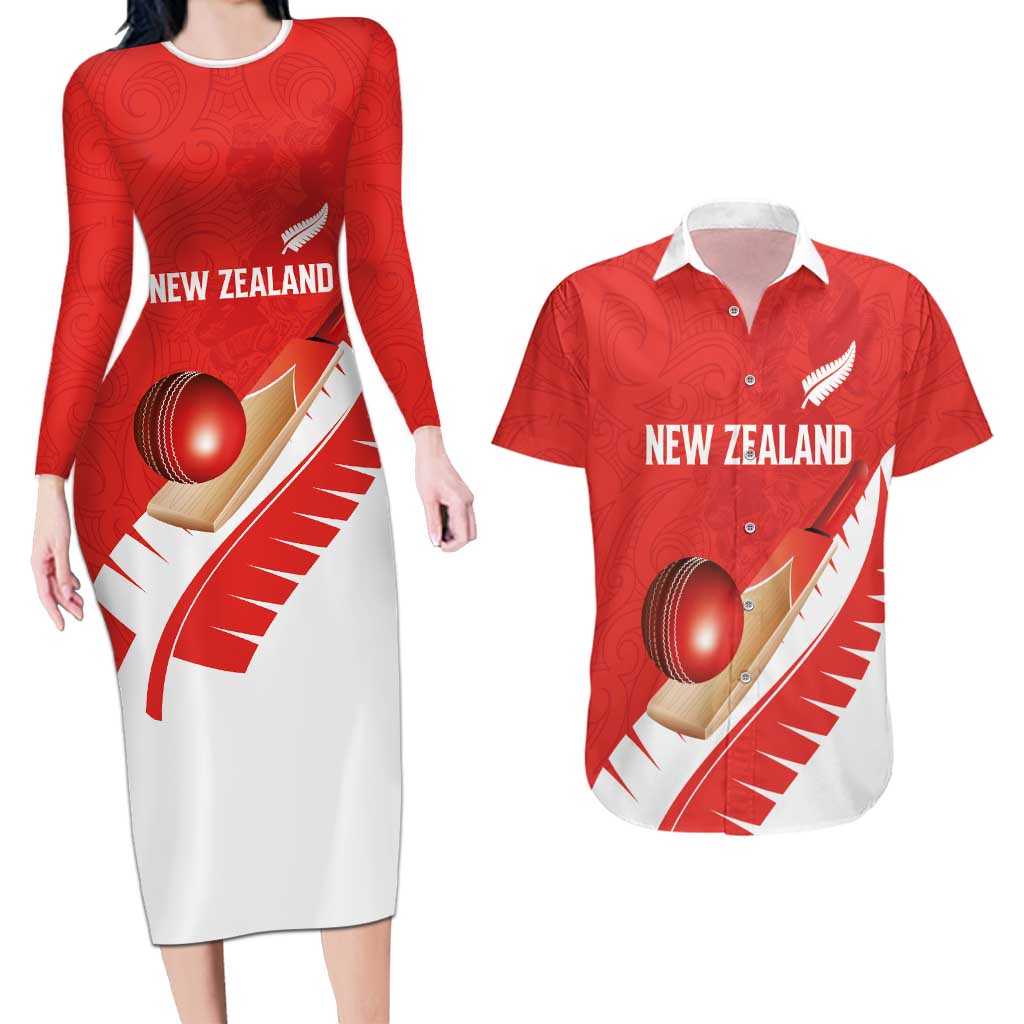 Custom New Zealand Cricket Couples Matching Long Sleeve Bodycon Dress and Hawaiian Shirt Kiwi Birds Haka Dance Red Fern Sporty Style