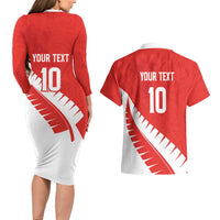 Custom New Zealand Cricket Couples Matching Long Sleeve Bodycon Dress and Hawaiian Shirt Kiwi Birds Haka Dance Red Fern Sporty Style
