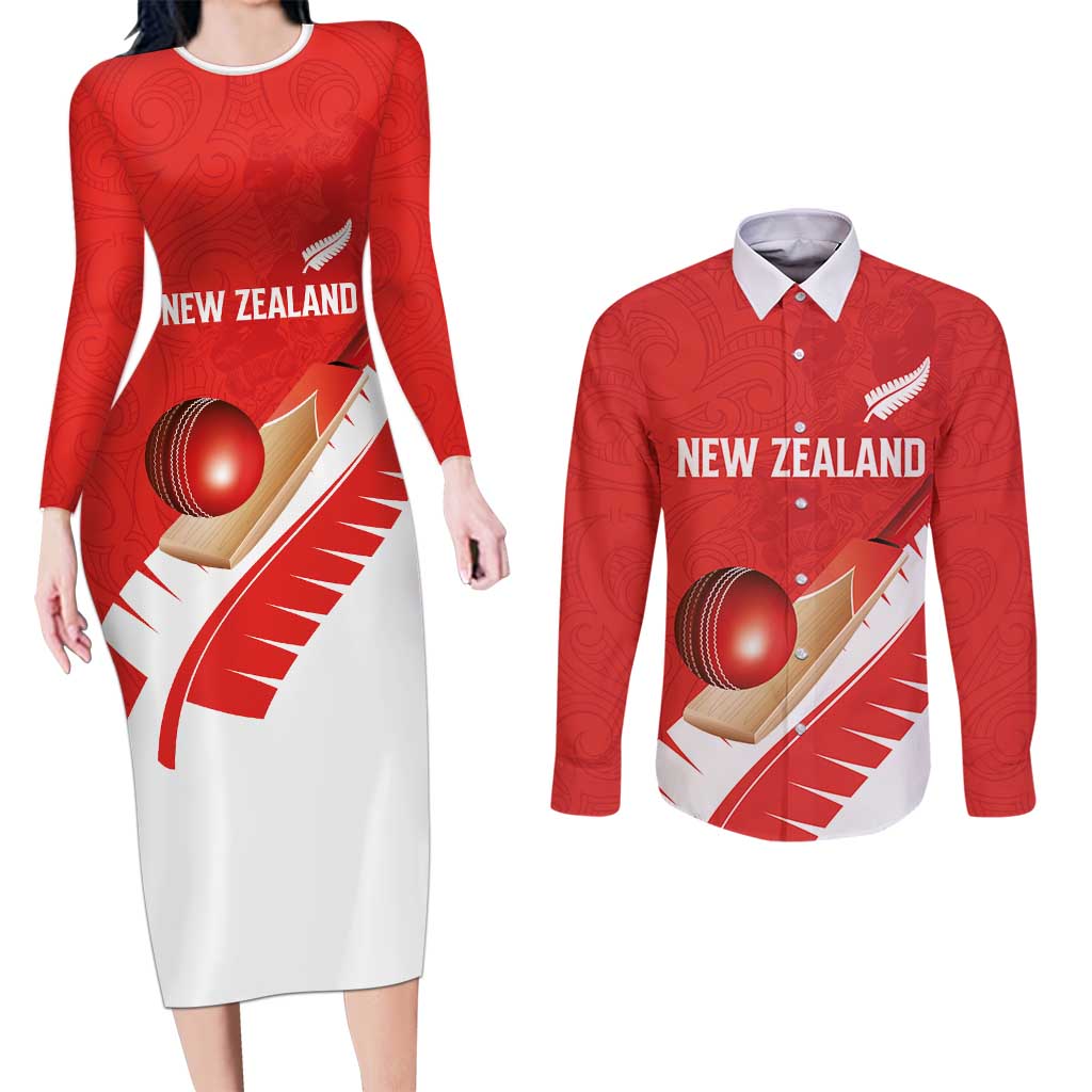 Custom New Zealand Cricket Couples Matching Long Sleeve Bodycon Dress and Long Sleeve Button Shirt Kiwi Birds Haka Dance Red Fern Sporty Style