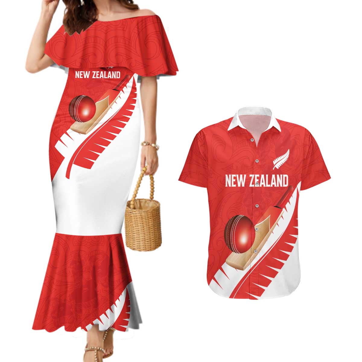 Custom New Zealand Cricket Couples Matching Mermaid Dress and Hawaiian Shirt Kiwi Birds Haka Dance Red Fern Sporty Style