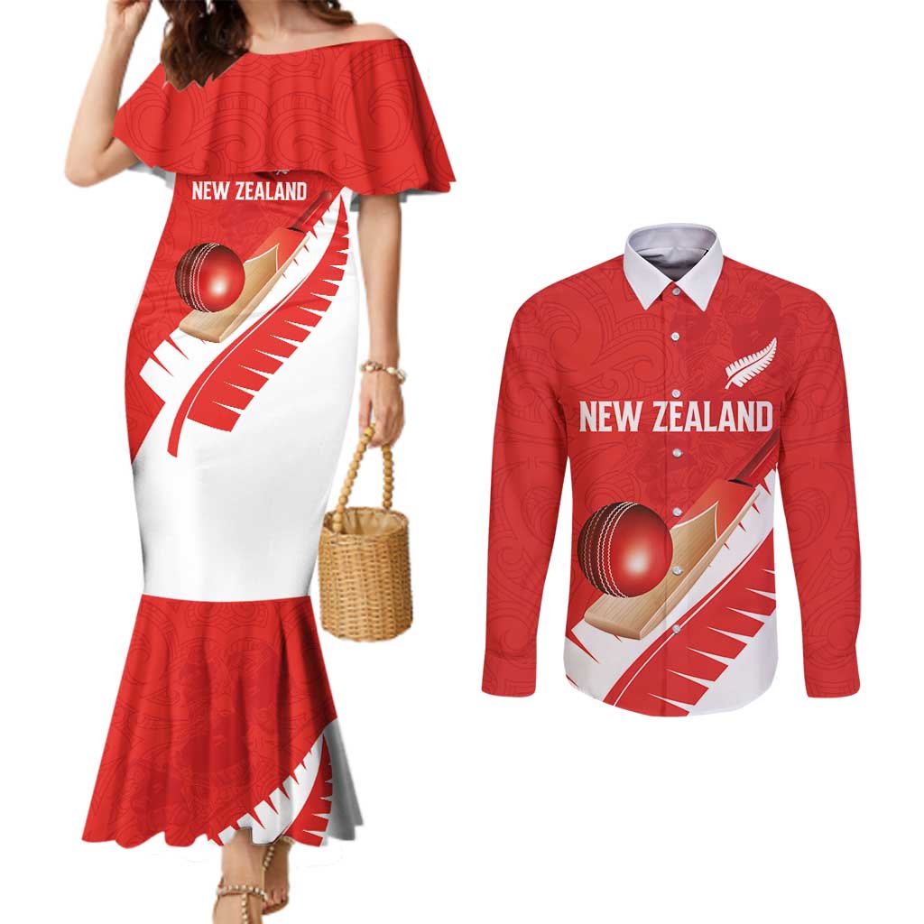 Custom New Zealand Cricket Couples Matching Mermaid Dress and Long Sleeve Button Shirt Kiwi Birds Haka Dance Red Fern Sporty Style