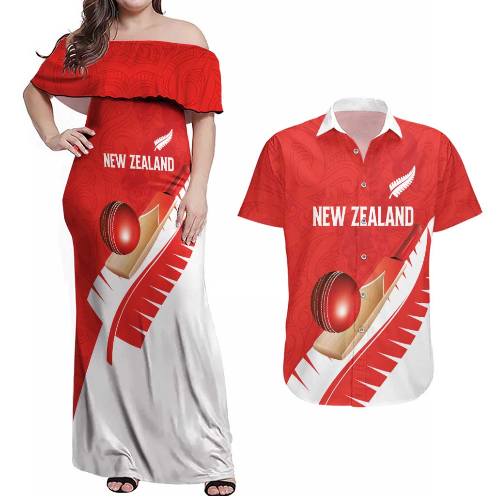 Custom New Zealand Cricket Couples Matching Off Shoulder Maxi Dress and Hawaiian Shirt Kiwi Birds Haka Dance Red Fern Sporty Style