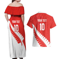 Custom New Zealand Cricket Couples Matching Off Shoulder Maxi Dress and Hawaiian Shirt Kiwi Birds Haka Dance Red Fern Sporty Style