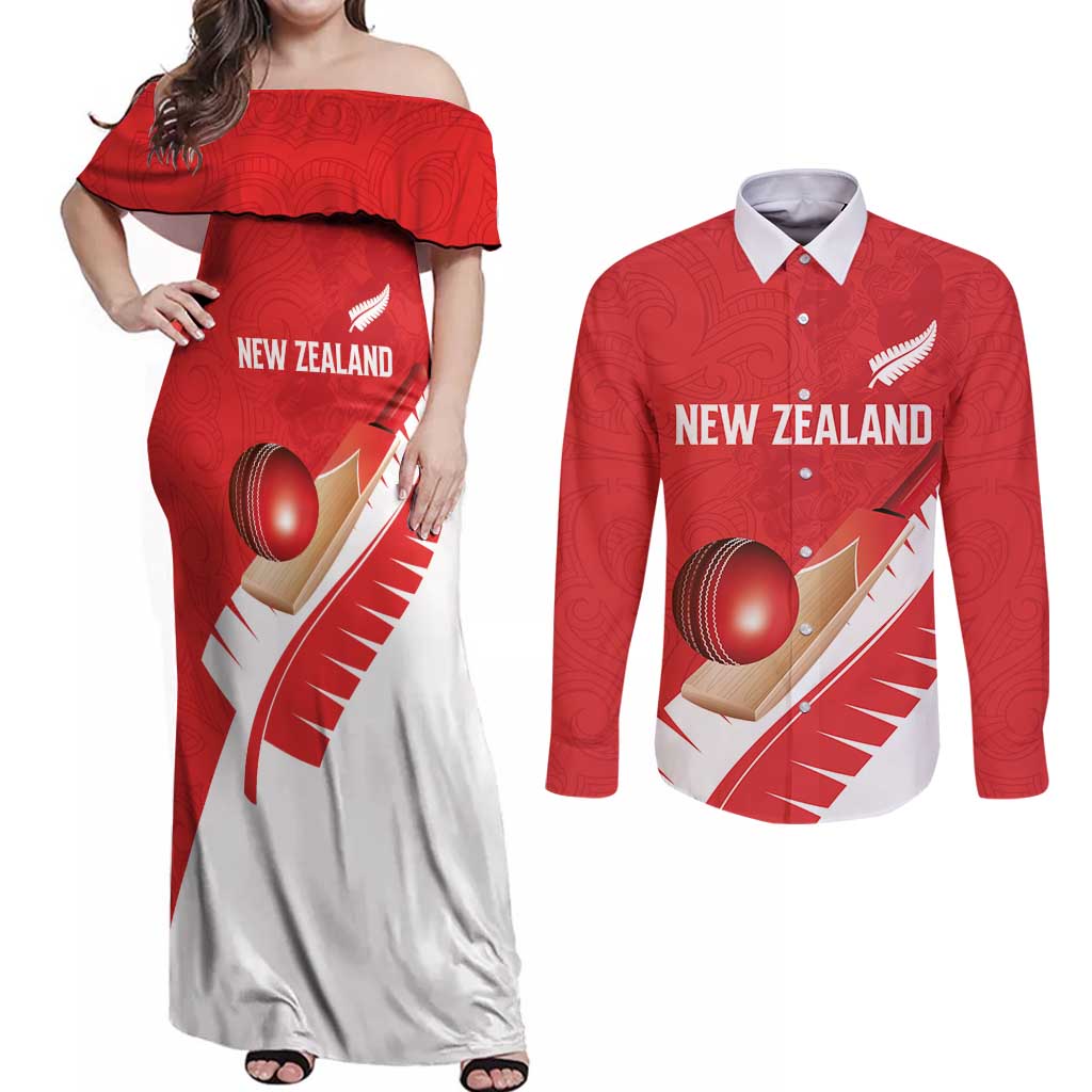 Custom New Zealand Cricket Couples Matching Off Shoulder Maxi Dress and Long Sleeve Button Shirt Kiwi Birds Haka Dance Red Fern Sporty Style