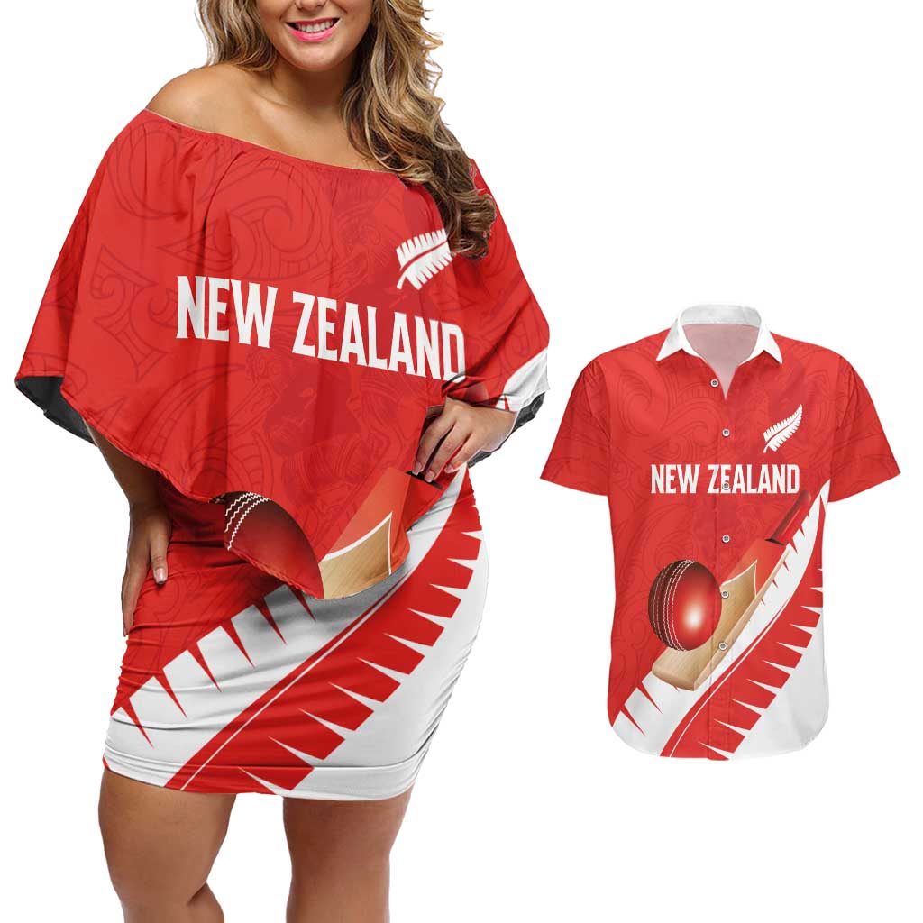 Custom New Zealand Cricket Couples Matching Off Shoulder Short Dress and Hawaiian Shirt Kiwi Birds Haka Dance Red Fern Sporty Style