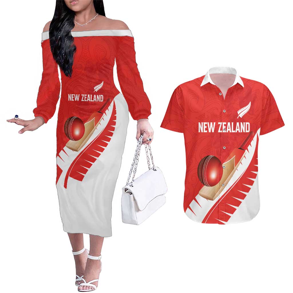Custom New Zealand Cricket Couples Matching Off The Shoulder Long Sleeve Dress and Hawaiian Shirt Kiwi Birds Haka Dance Red Fern Sporty Style