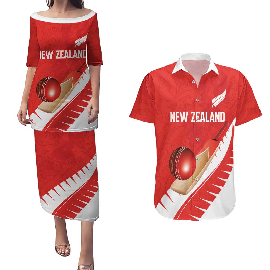 Custom New Zealand Cricket Couples Matching Puletasi and Hawaiian Shirt Kiwi Birds Haka Dance Red Fern Sporty Style