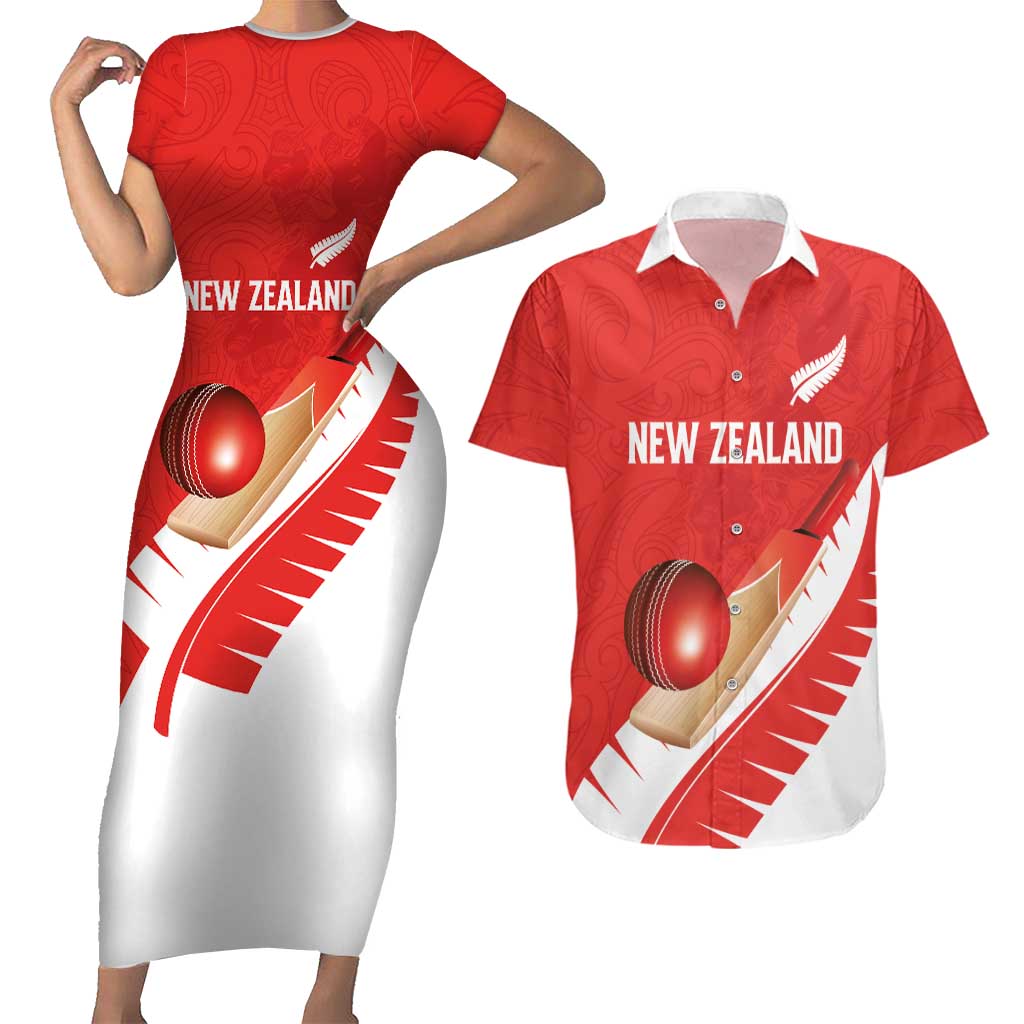 Custom New Zealand Cricket Couples Matching Short Sleeve Bodycon Dress and Hawaiian Shirt Kiwi Birds Haka Dance Red Fern Sporty Style
