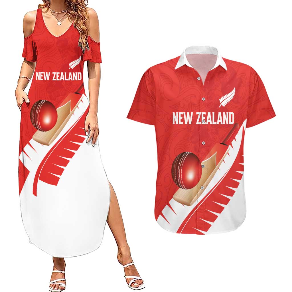 Custom New Zealand Cricket Couples Matching Summer Maxi Dress and Hawaiian Shirt Kiwi Birds Haka Dance Red Fern Sporty Style