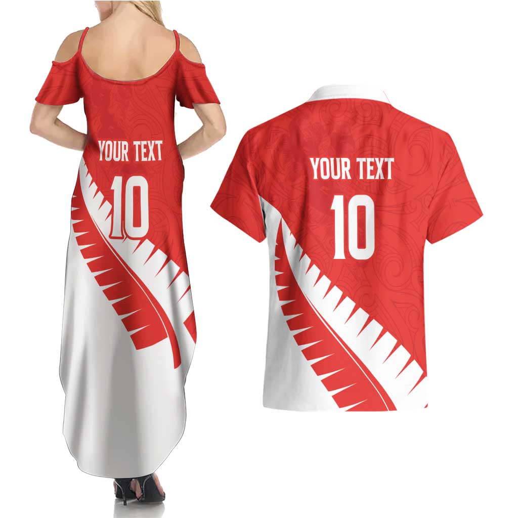 Custom New Zealand Cricket Couples Matching Summer Maxi Dress and Hawaiian Shirt Kiwi Birds Haka Dance Red Fern Sporty Style