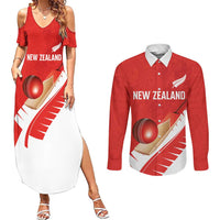 Custom New Zealand Cricket Couples Matching Summer Maxi Dress and Long Sleeve Button Shirt Kiwi Birds Haka Dance Red Fern Sporty Style