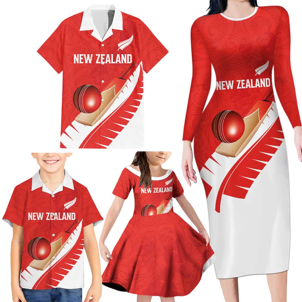 Custom New Zealand Cricket Family Matching Long Sleeve Bodycon Dress and Hawaiian Shirt Kiwi Birds Haka Dance Red Fern Sporty Style
