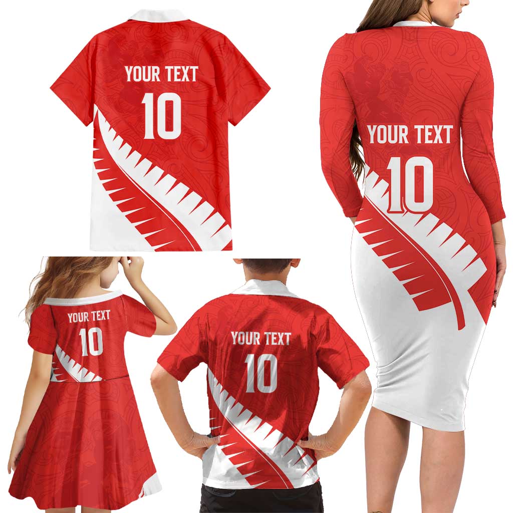Custom New Zealand Cricket Family Matching Long Sleeve Bodycon Dress and Hawaiian Shirt Kiwi Birds Haka Dance Red Fern Sporty Style